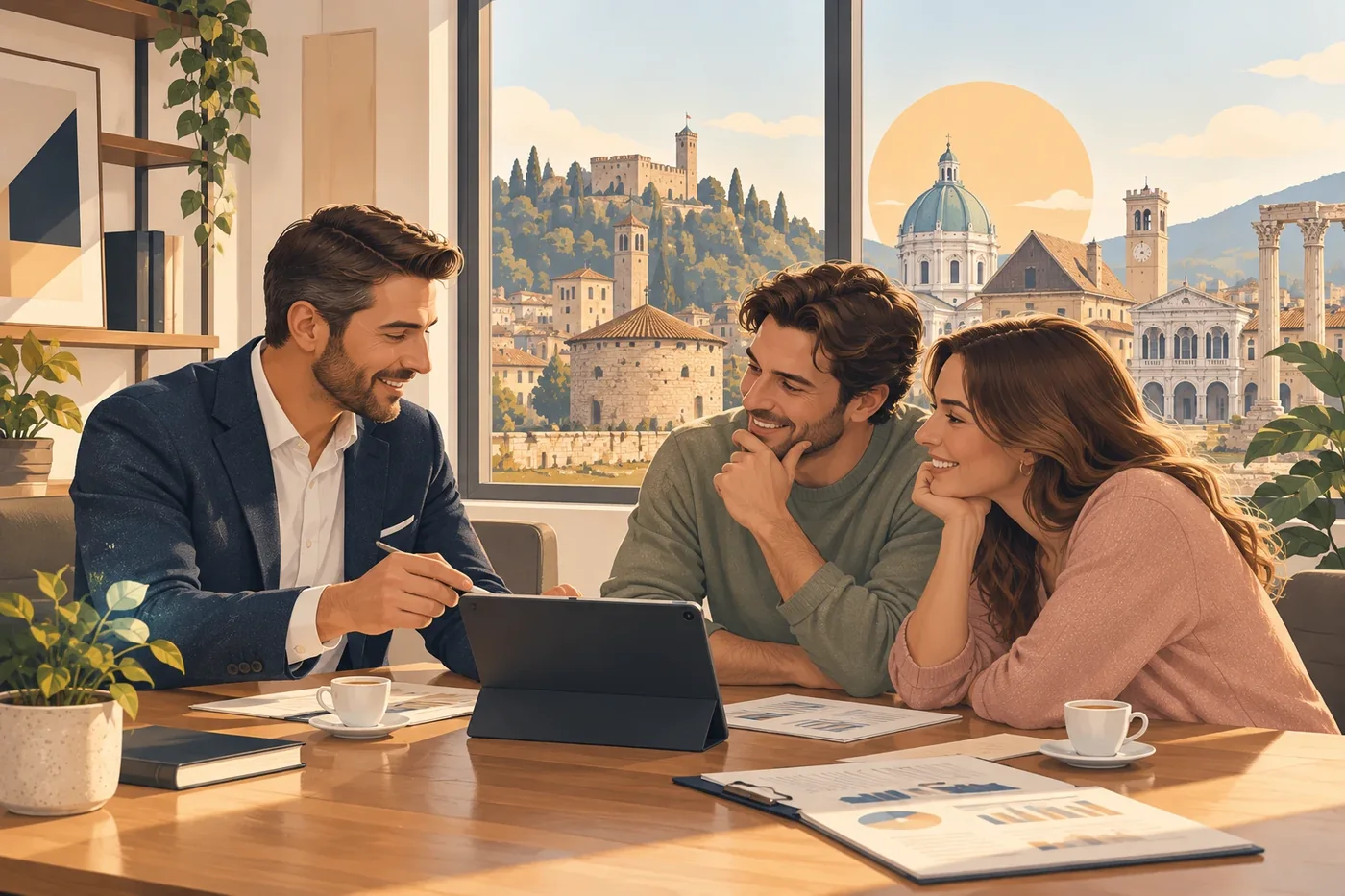 Un consulente Futura a colloquio con una coppia, con vista su Brescia